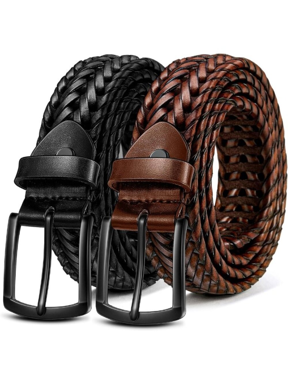 Stylish Men's Braided Leather Belt Set - 2 Pack, Gift Boxed, Adjustable Fit